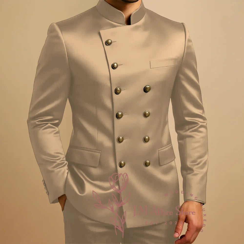 Green Suits for Men 2 Piece Satin Sets Double Breasted Blazer Pants Tailored Wedding Party Travel Africa Traditional Clothes