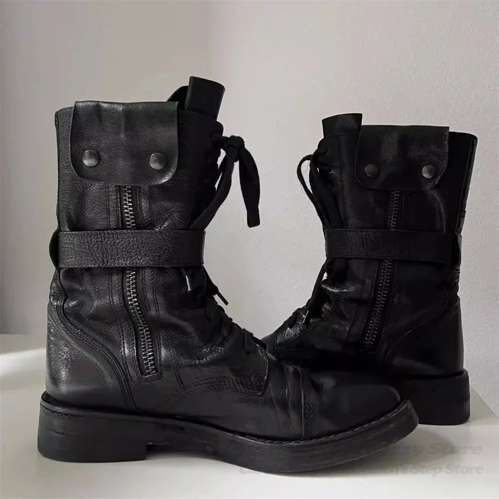 Retro Round Toe Black Leather Workwear Boots Men Rivets Belt Buckles Side Zipper Straps Punk Style Motorcycle Riding Boots