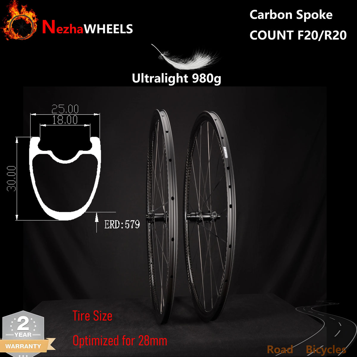 Only 980g Ultralight 700c 25mm Wide Carbon Spoke Racing Wheelset, Disc Brake Tubeless Road Bicycle Wheelset