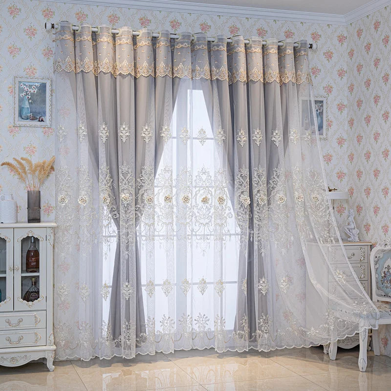 1pc Double Layer Luxury Embroidered Curtain, Light Blocking Sheer & Blackout Drape, Elegant Atmosphere Decor for Bedroom Living