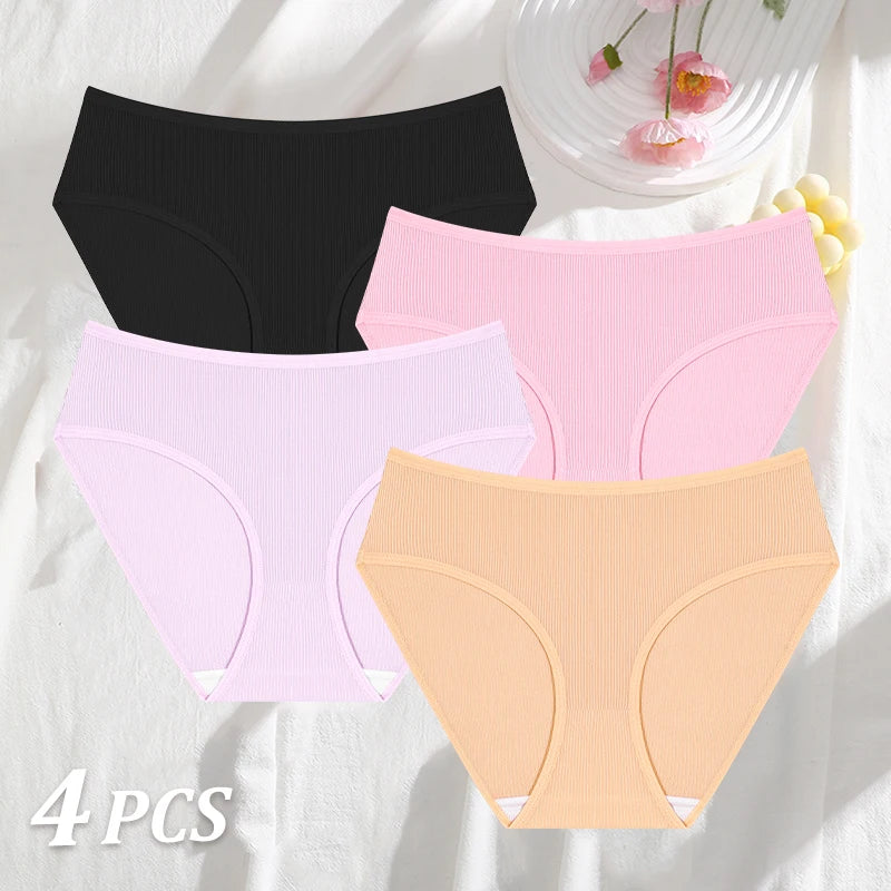 4PCS/SET Striped Ribbed Panties Set Women Mid Waist Breathable High Elastic Comfortable Sports Briefs Solid Color Daily Lingerie
