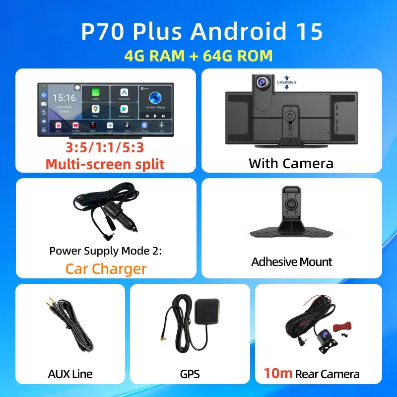 Imagebon P70Plus 11.4" Android 15 8Core 6+128G CarPlay Android Auto Dash Cam Split Screen Video Recorder WiFi YouTube AI GPS DVR