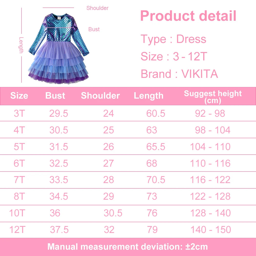 VIKITA Girls Mermaid Print Dress Kids Layered Mesh Tulle Cake Ball Gown Tutu Dresses Girl Party Performance Princess Dress 3-12Y