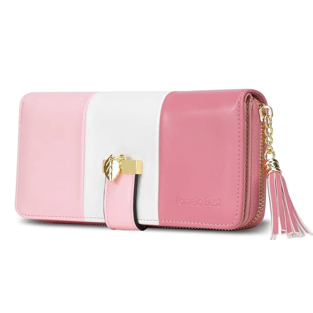 Pomelo Best Tri‑Color Women's Wallet PU Leather Long Zipper RFID Blocking Large Capacity 9 Card Slots Tassel Pendant Fits Phone