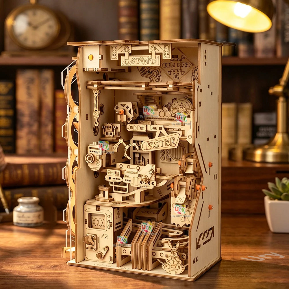 Ury 3D Wooden Puzzle Electric Track Device Marble Run Book Nook Set Counter Current Compass Model Ball Maze Assembly Gift