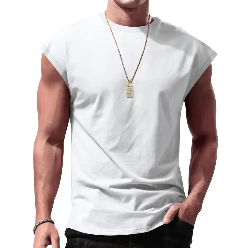 Independent Station 24 Cross-Border Men's Summer New Sleeveless T-Shirt Youth Casual Loose Solid Color Thin Shoulder T-Shirt Spo