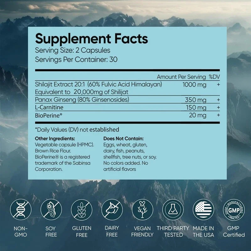 Pure Himalayan Shilajit Supplement 60 Capsules 60% Fulvic Acid 85 Trace Minerals Containing Ginseng and L-Carnitine