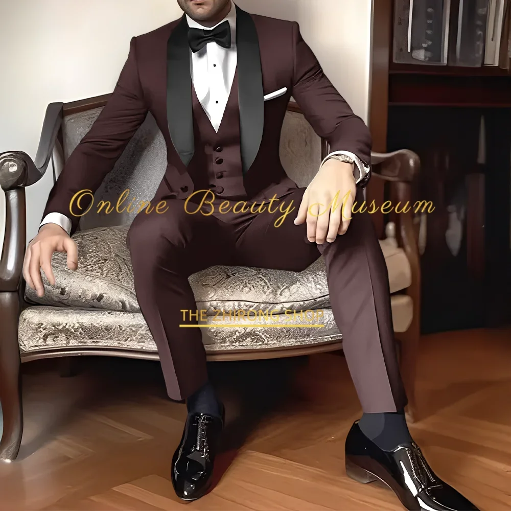 Classic Navy Blue Men's Suit 3-Piece Black Shawl Lapel Jacket Vest Pants Slim Fit Set for Wedding Cocktail Birthday Prom Party