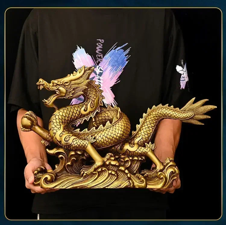 Feng Shui Lucky Copper Dragon Ornaments Wealth Figurine Home Office Desktop Decor