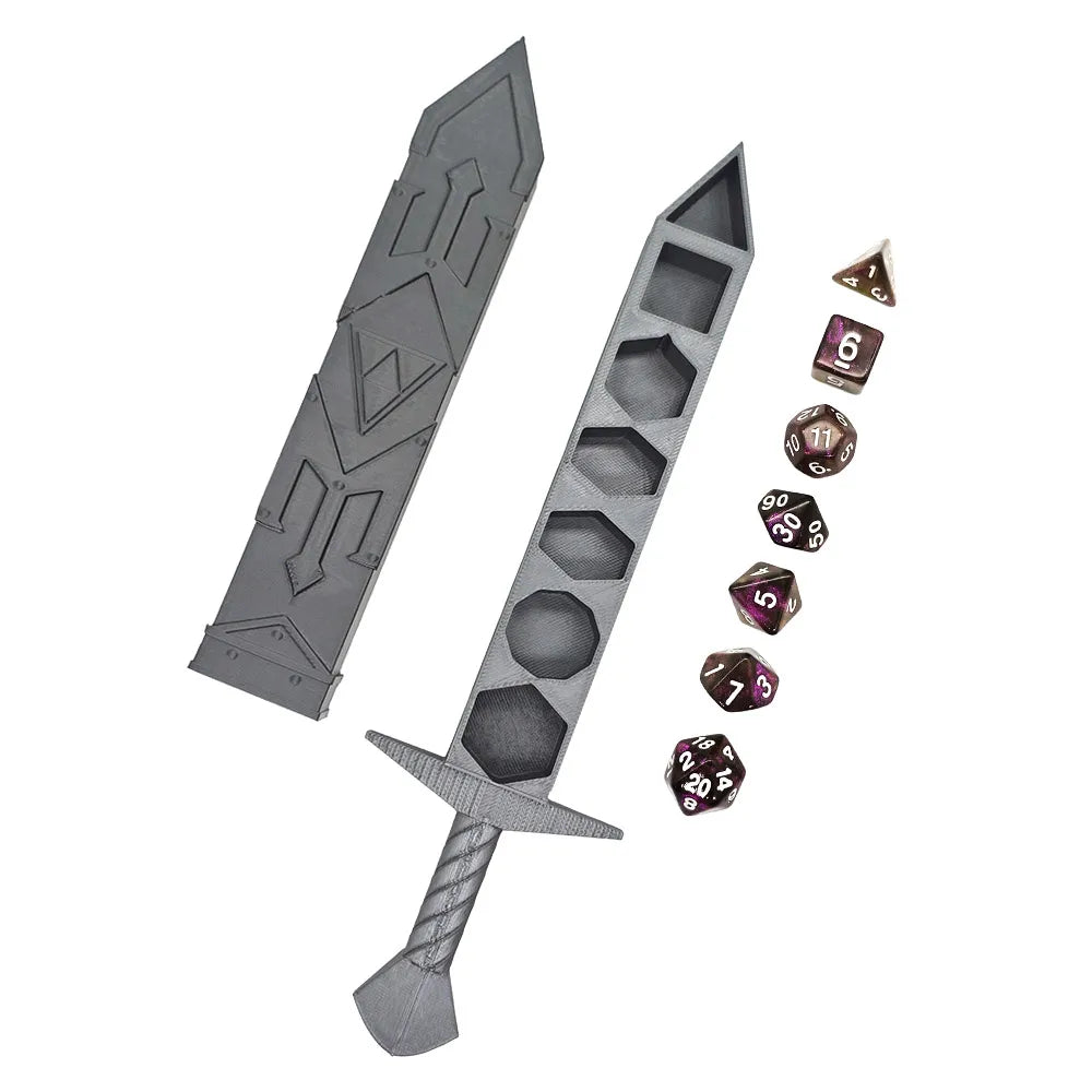 Creative Silvery Sword-shaped Storage Box with 7Pcs DND Dices Set Portable RPG TRPG Games Dice Role Playing Games Accessories