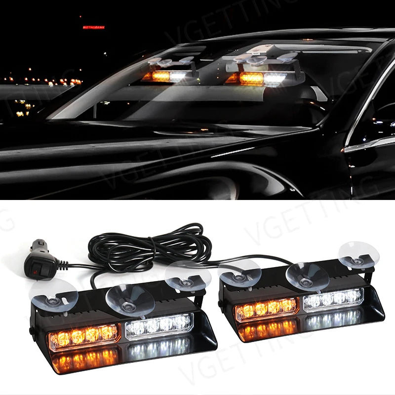 2-in-1 LED Car Front Strobe Lights For Flash Warning Lamp Windshield Bar 16 Beads Amber White Auto Light Assembly