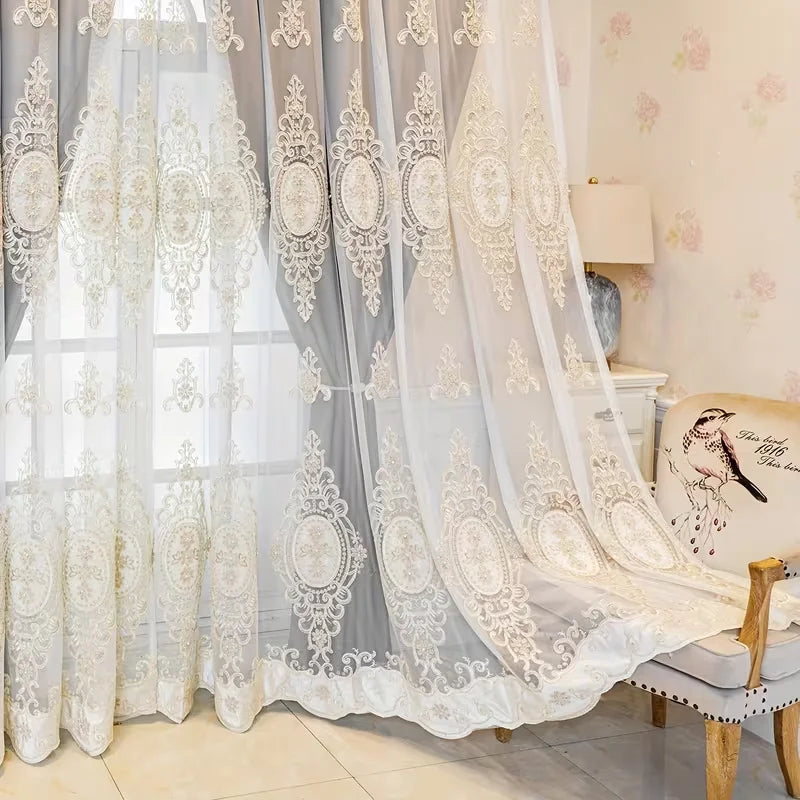 1pc Double Layer Multicolor Blackout Curtain, European Palace Embroidered Sheer + Blind Set, Easy Install for Living Room Bedroo