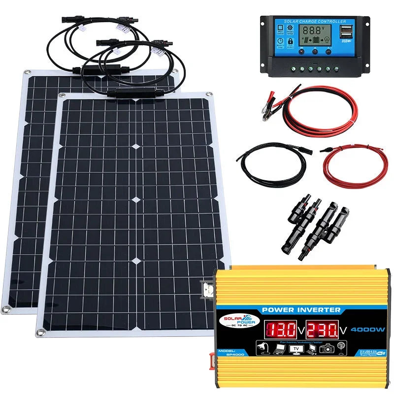 2000W Solar Energy System 110V/220V 4000W Solar Panel Inverter Glass 12V Battery Charging Controller For Home/Outdoor Use