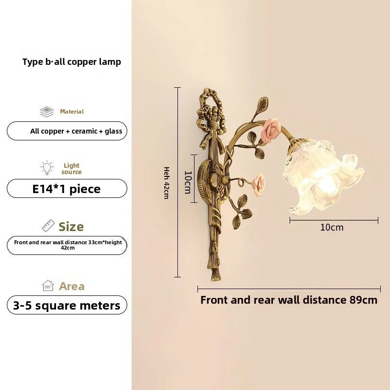 French Vintage Rural Romantic Ceramic Flower Luxury High-End Eye-Friendly Full-Spectrum Dining Room Full Copper Glass Wall Lamp