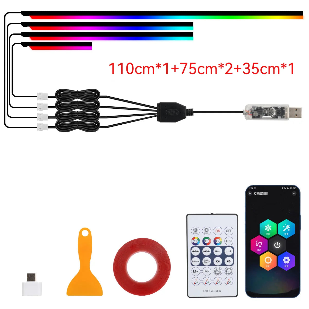 10 in 1 Car Interior Acrylic LED Ambient Lights 140cm 110cm For Tesla USB APP Remote Control RGB Symphony Atmosphere Lamp