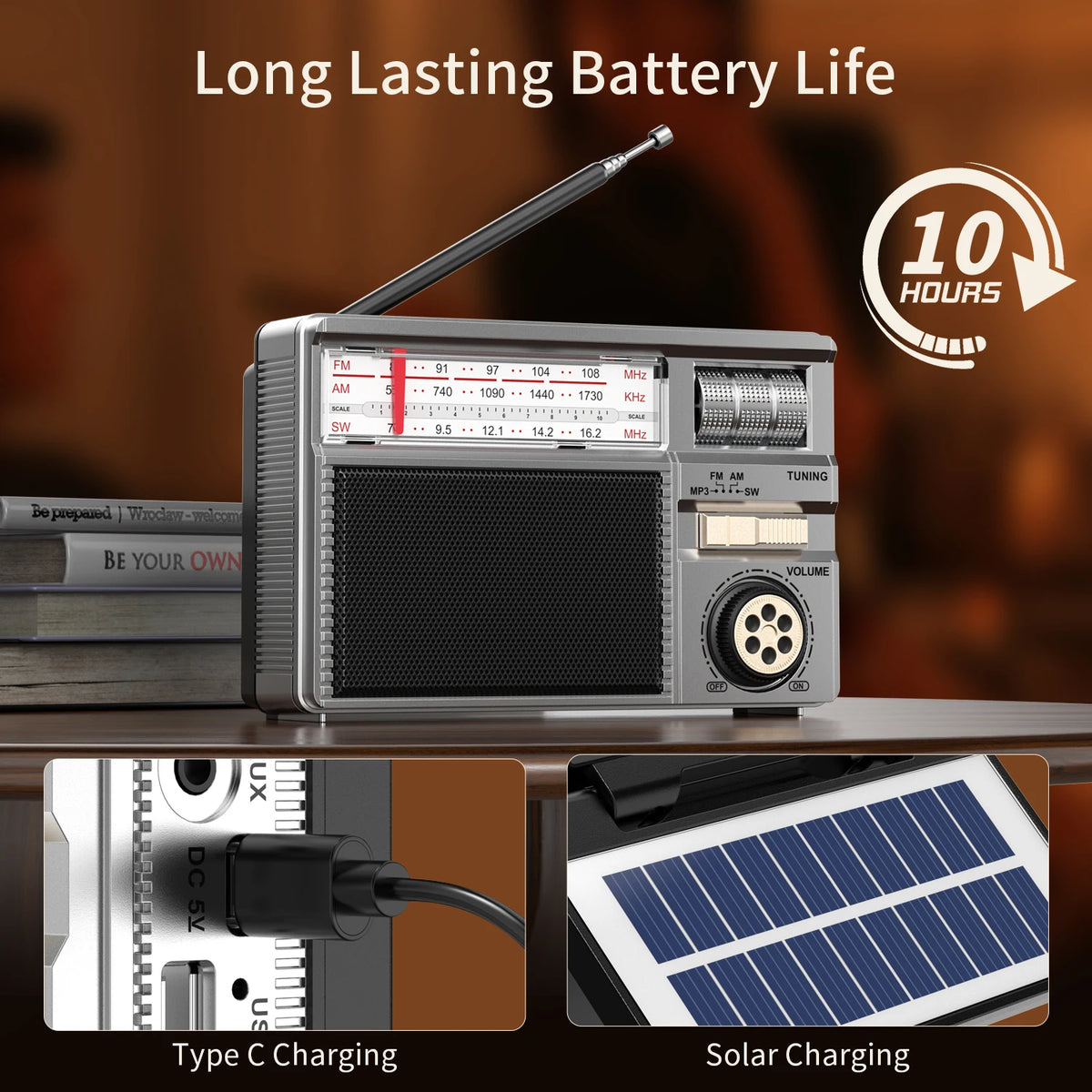 Retro All-Band Radio with Wireless Audio Connectivity, Solar & Multi-Mode Charging, Long-Lasting Battery & Multiple Play Modes