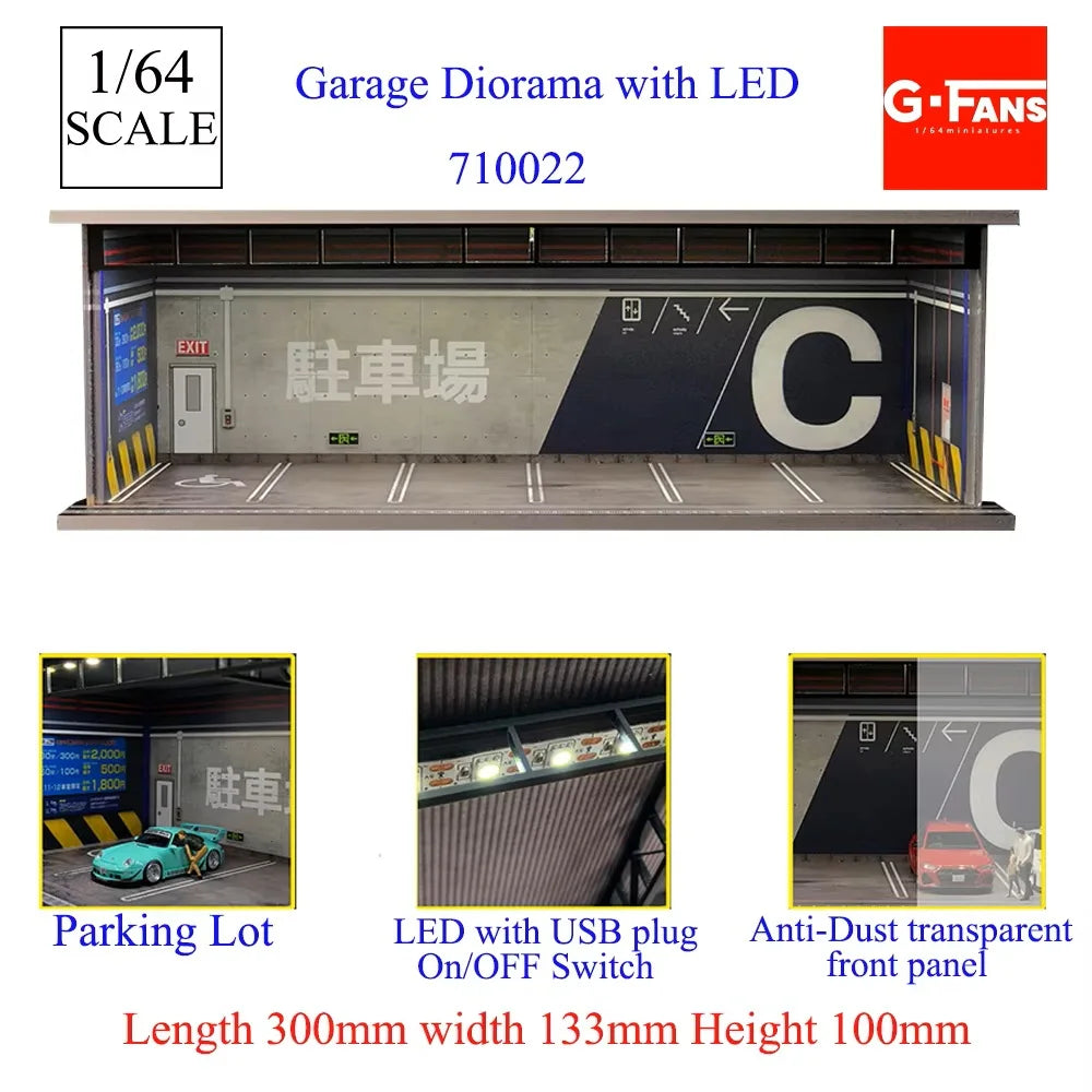 1/64 Scale Miniature LED Lighted Car Garage Diorama Model Realistic Parking Lot Scene Collectible Display for Enthusiasts
