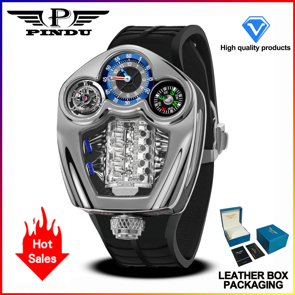 PINDU Design NEW Engine Series Quartz Watch Men Stainless steel Compass Waterproof Swiss quartz 762 movement watch TOP-luxurious