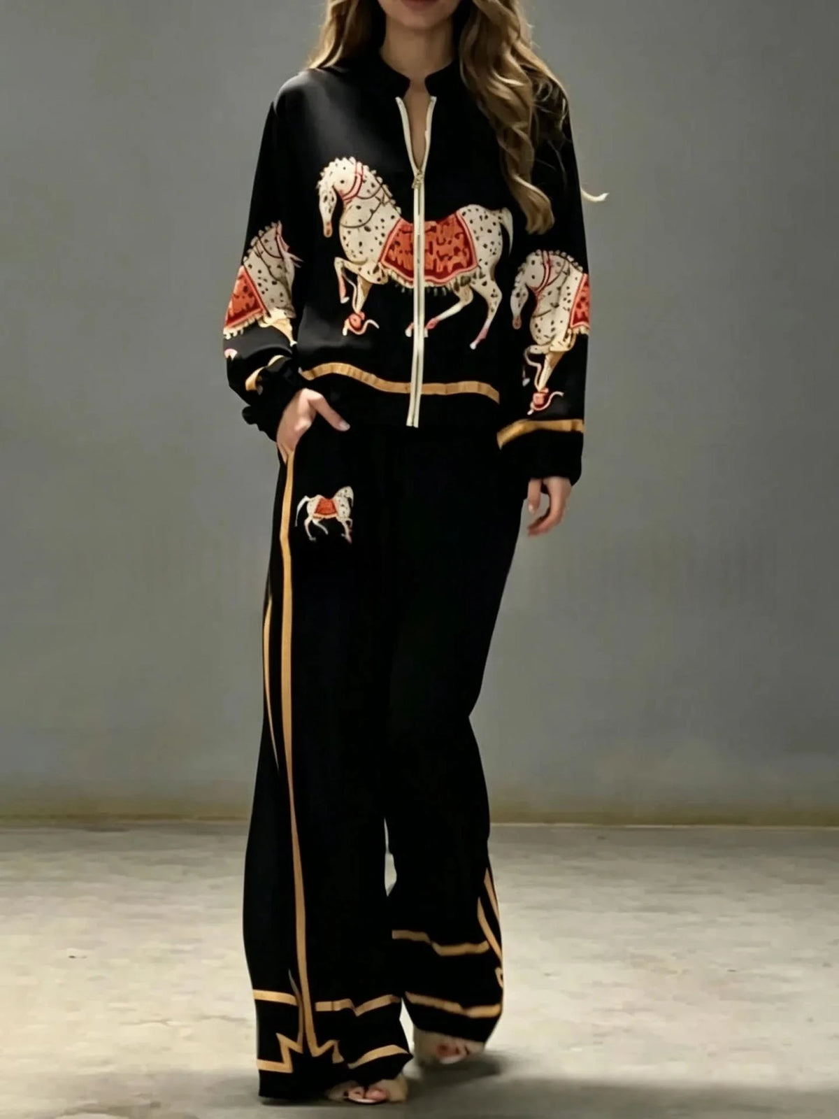 Women's Animal Print Two Piece Set Zip Up Long Sleeve Top High Waist Striped Wide Leg Pants Casual Autumn Ladies Tracksuit Set