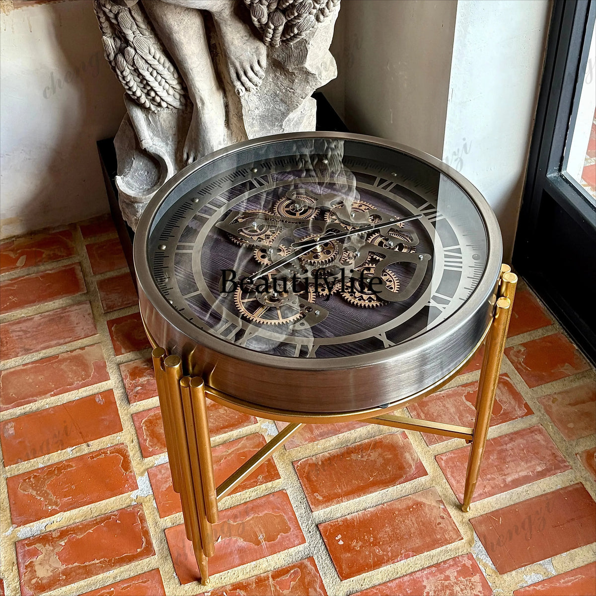 Retro high-end light luxury Nordic style clock gear American living room sofa side table small coffee table tempered glass