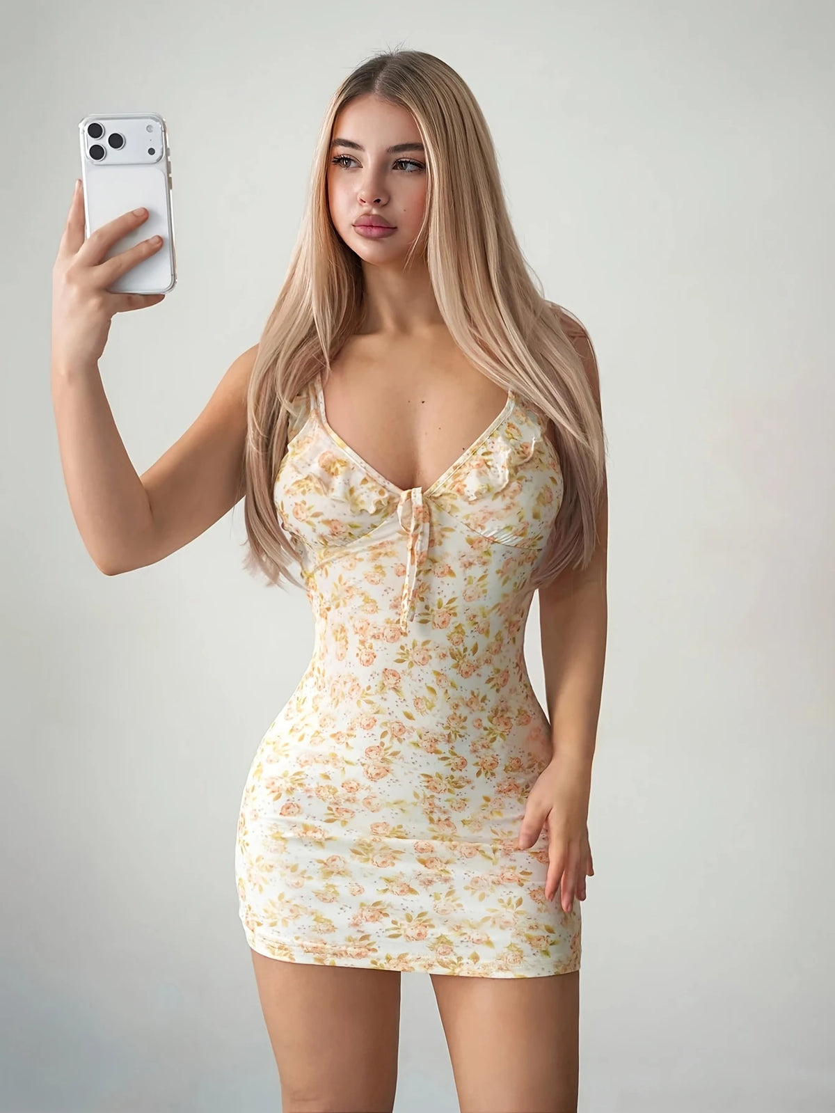 French-Style Gentle Floral Spaghetti Strap Dress with Ruffled Shoulder Straps, Pleated Tight-Fitting Short Dress for a Hot Girl Date, Bodycon Dress