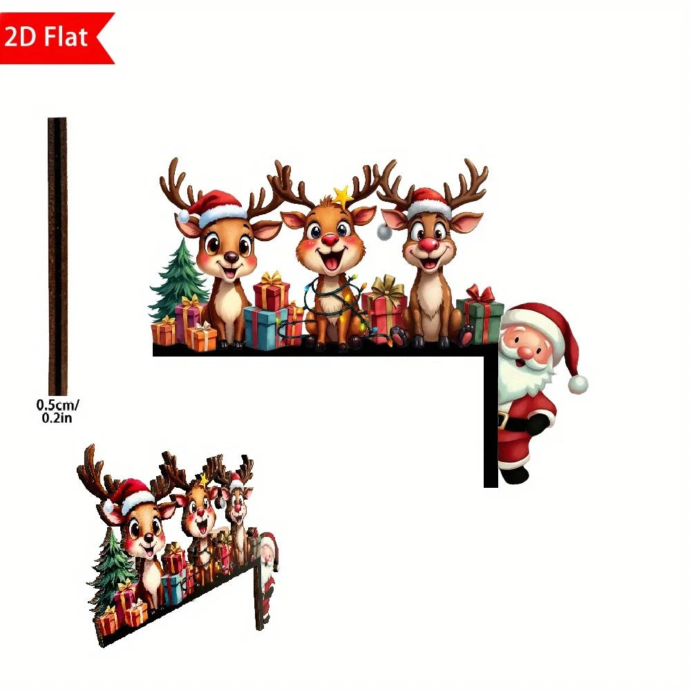 1Pcs 2D Christmas Corner Sign Elk Gift Santa Claus Frame Wooden Door Sitter Home Wall Decors Festive Xmas Decor Gifts
