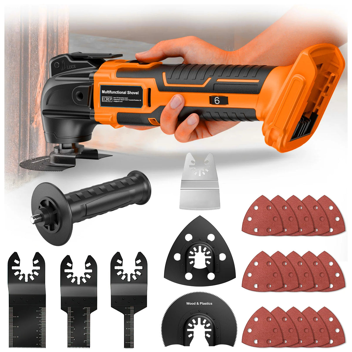 Nananuu Cordless Oscillating Multi Tool 6 Gears Electric Saw Trimmer With Trimmer Shovel Cutting Woodworking Tool (NO Battery)