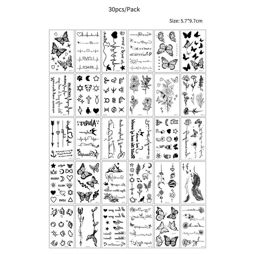 30pcs Black Small Temporary Tattoo Stickers for Men Women Waterproof Butterfly Flower Moon Fake Tattoo Stickers for Hand Body