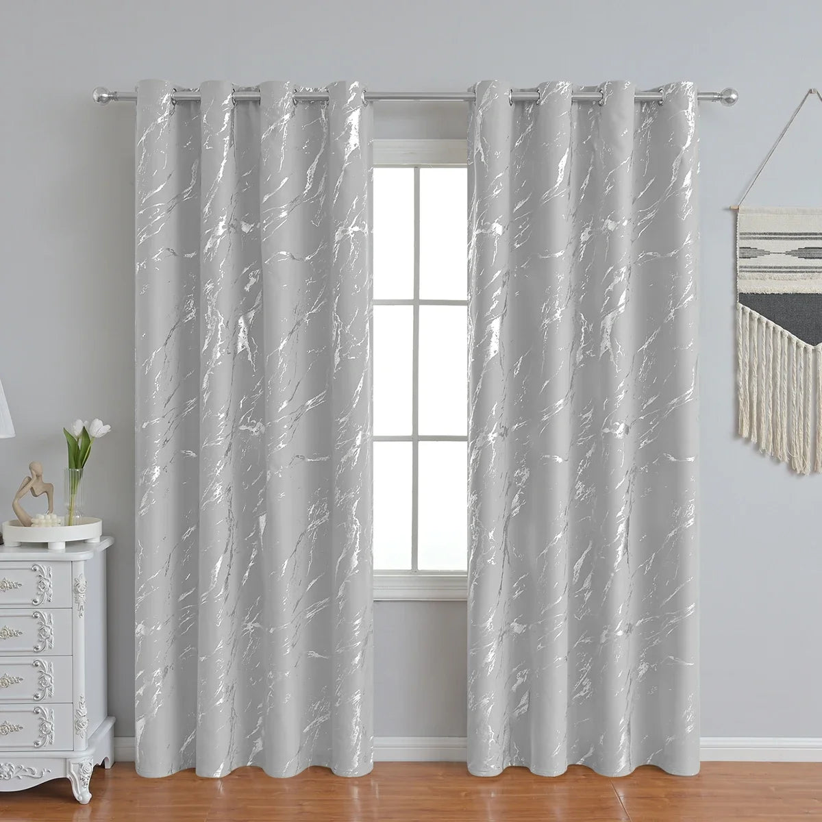 1pc Modern Marble Printed Curtain with Silver Stamping, One Panel High-Precision Curtain, Living Room, Bedroom Curtains