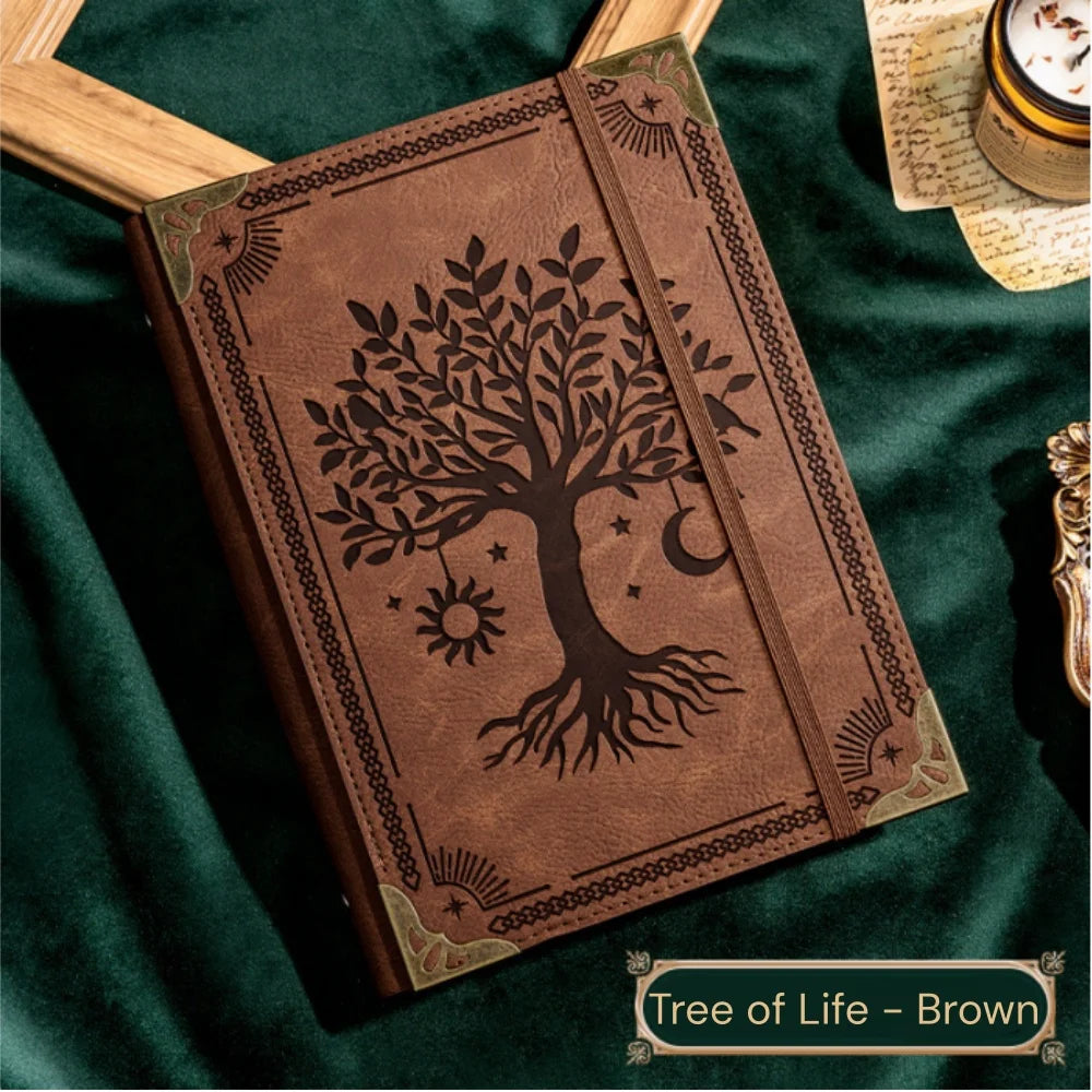 Notebook Vintage Leather Tree of Life Notebook, Thick Spell Book Planner for Student, Magic Study Notebook with Refillable Paper