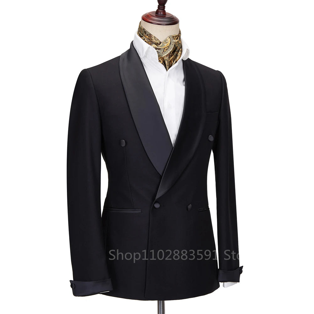 New 2026 Men Suit Black Satin Lapel Tuxedo 2 Pieces Double Breasted Wedding Shawl Lapel Party Costume Groom Male Wear
