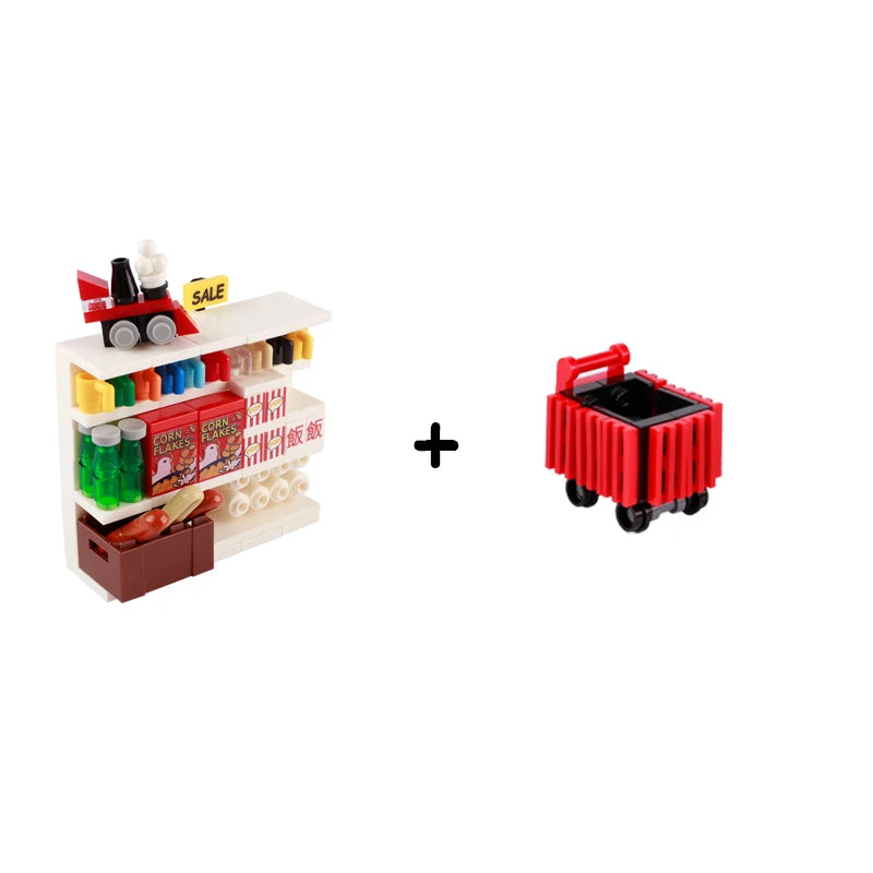MOC City Supermarket Shop Store Building Blocks Street View Drink Food Vegetable Food Accessories Dessert Blocks Printed Bricks
