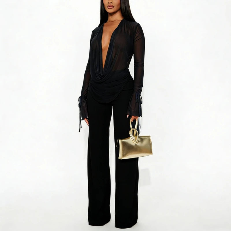 Ladies Fashion Sexy Mesh Chiffon Solid V Neck Blouse & Pant Sets Women Long Sleeve Casual Pants Elegant 2 Pieces Set Summer