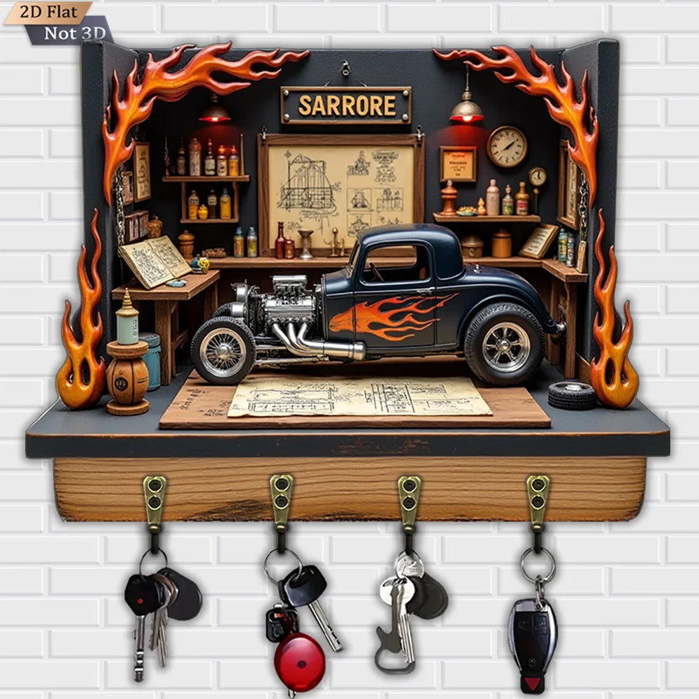 2D Flat, 1pc, Flame Car Key Hook, Wooden Multifunctional Home House Key Hook with 4 Metal Hooks, Wall Decoration, Porch