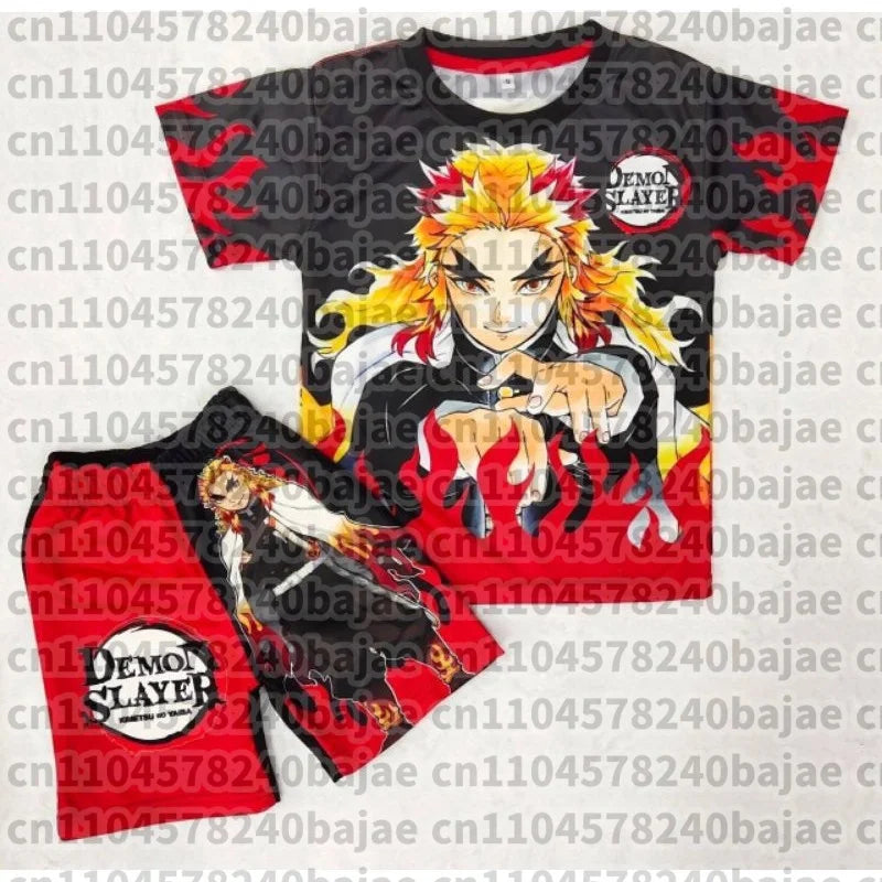 Demon Slayer Kyojuro Rengoku Flame Hashira 2-Piece Set Short Sleeve T-shirt and Matching Shorts Anime Print Casual Loungewear