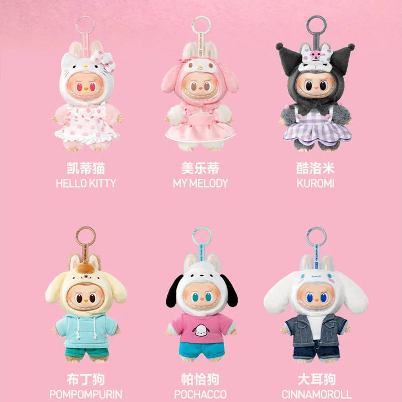 NEW POP MART The Monsters X Sanrio Family Labubu Hello Kitty Kuromi Vinyl Plush Doll Keychain Blind Box Kawaii Toys Kids Gift