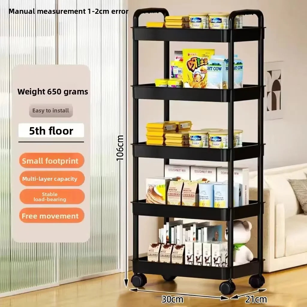 5-Tier Kitchen Storage Shelf Rolling Cart Mobile Trolley Rack with Wheels for Snacks Fruits Vegetables Bathroom Home Organizer 