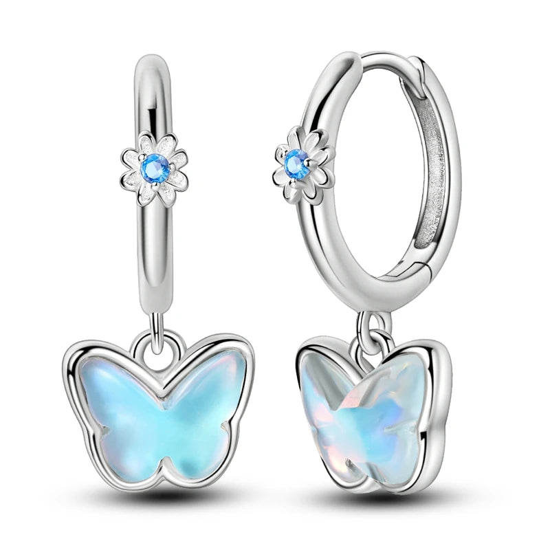 Original 925 Sterling Silver Earrings Sparkling Shining Dreamy Butterfly Hoop Earring for Women Girl Party Birthday Jewelry Gift