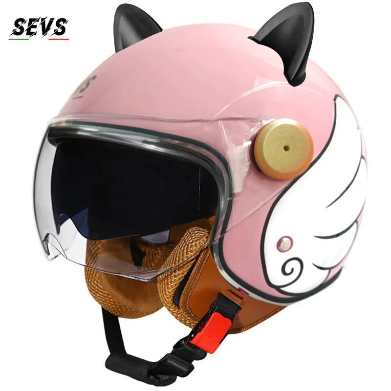 Motorcycle Helmet Retro 3C & DOT Certified Half Face ABS Helmet Dual Visor Hidden Sun Shield Removable Cute Cat Ears
