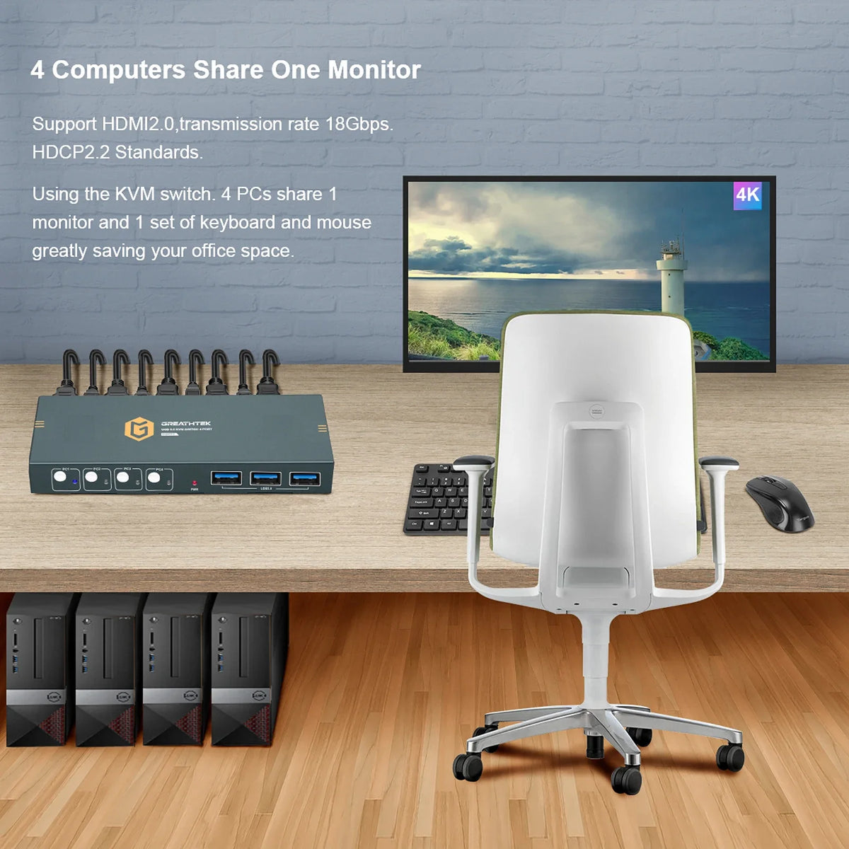 USB3.0 KVM Switch HDMI 4K@60Hz for 4 Computers Share 1 Monitor Share Keyboard Mouse Support Button Switch Plug and Play