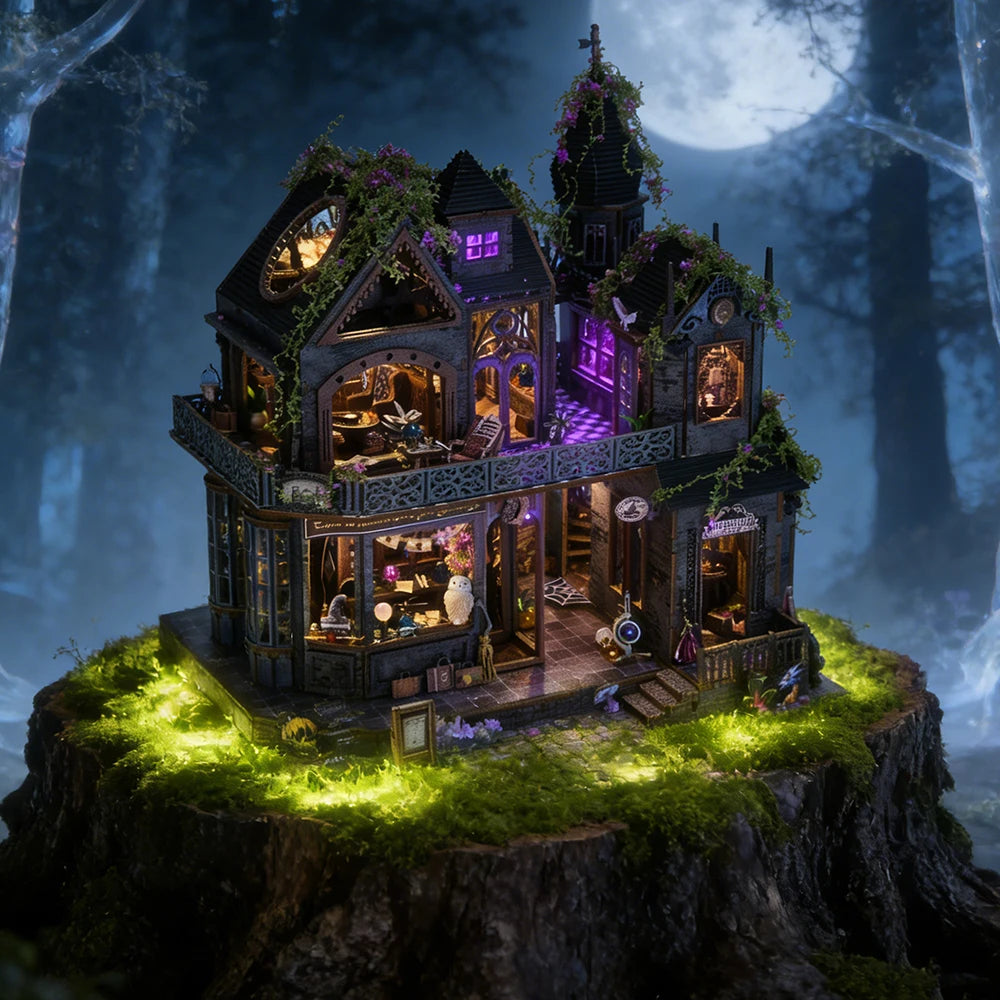 Book Nook Kit Castle of Magic Wooden DIY Dollhouse with Light Dynamic Music Bookshelf Insert 3D Puzzle Decor for Gift