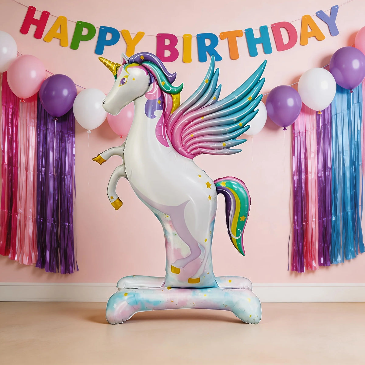 Giant 3D Self-Standing Unicorn Foil Balloon with Stable Base, Rainbow Gradient Unicorn with Wings Inflatable Mylar Balloon for K