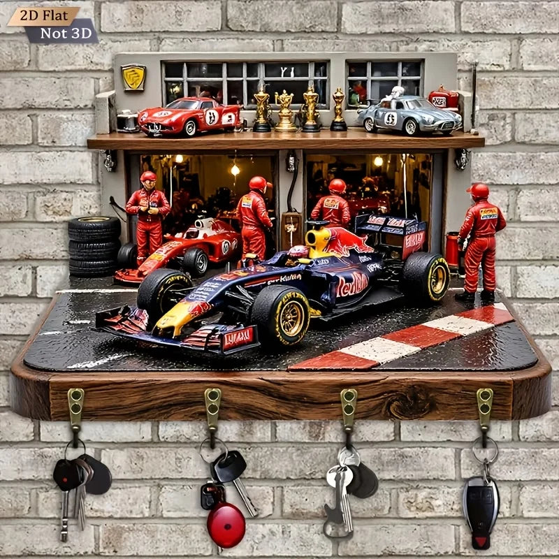 2D Flat. 1pc. Racing-Themed Key Hook - Multi-Functional Decorative Key Holder with Four Metal Hooks, Wall Decoration, Room