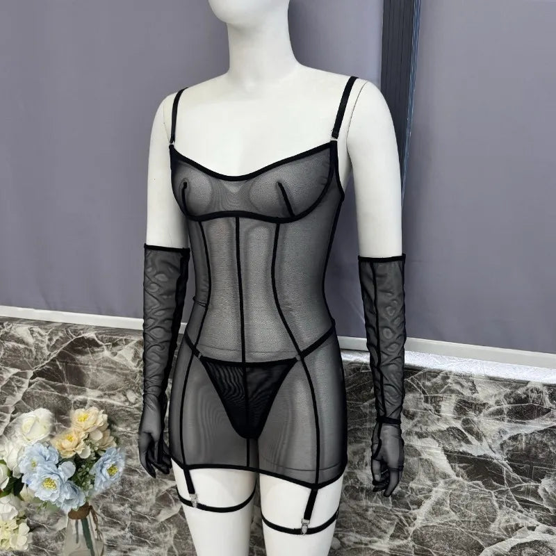 Tornova Erotic Mesh Dress See-through Seductive Body Shaping Hollowout Delicate Hot Women Sexy Lace Flirt Underwear Intimate Set