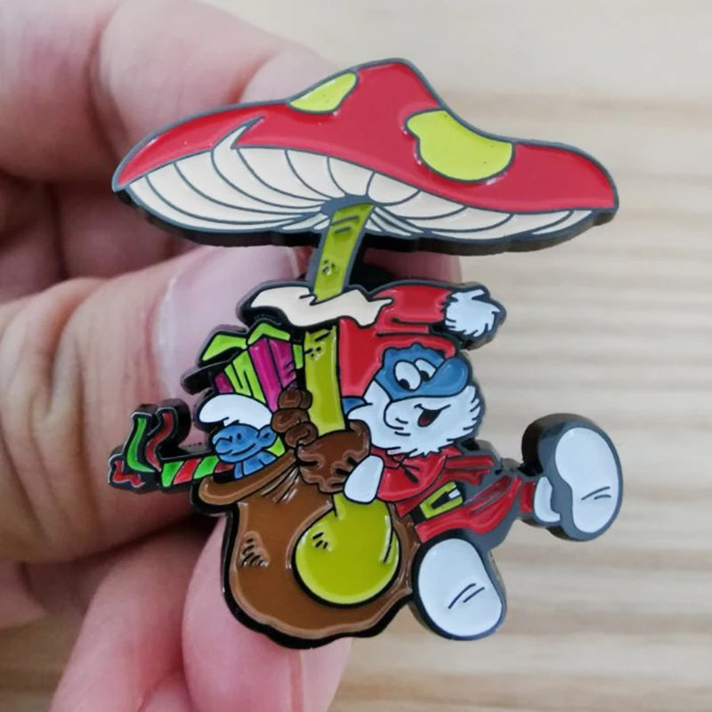 Blue elf santa with mushroom enamel pin metal badge Anime brooches gift