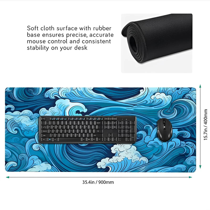Japanese Blue Waves Mouse Pad Desk Mat Art XXL Gaming Mouse Pad Office Mousepad 900x400 Nature Rubber Table Mat Desk Accessories
