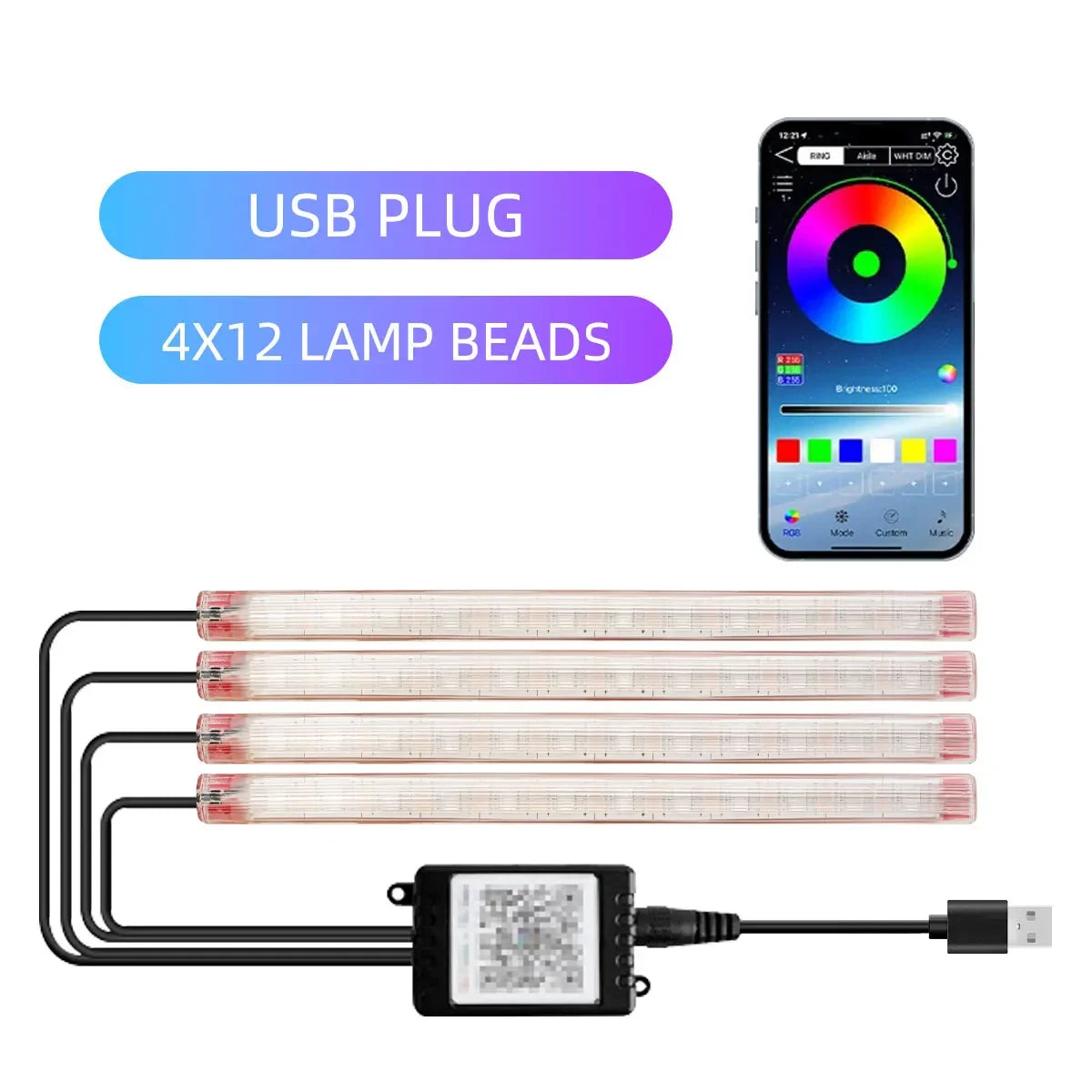 4in1 Symphony LED Interior Car Lights Strip Foot Light Dynamic Flash Light Music APP Control RGB Color 48SMD USB Car Accessories