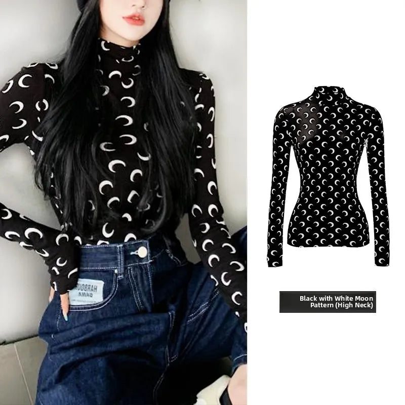 Ice Silk Two Piece Set Womens Sun Protection Clothes Long Sleeve Moon Print Top and Pants American Retro Sexy Autumn New