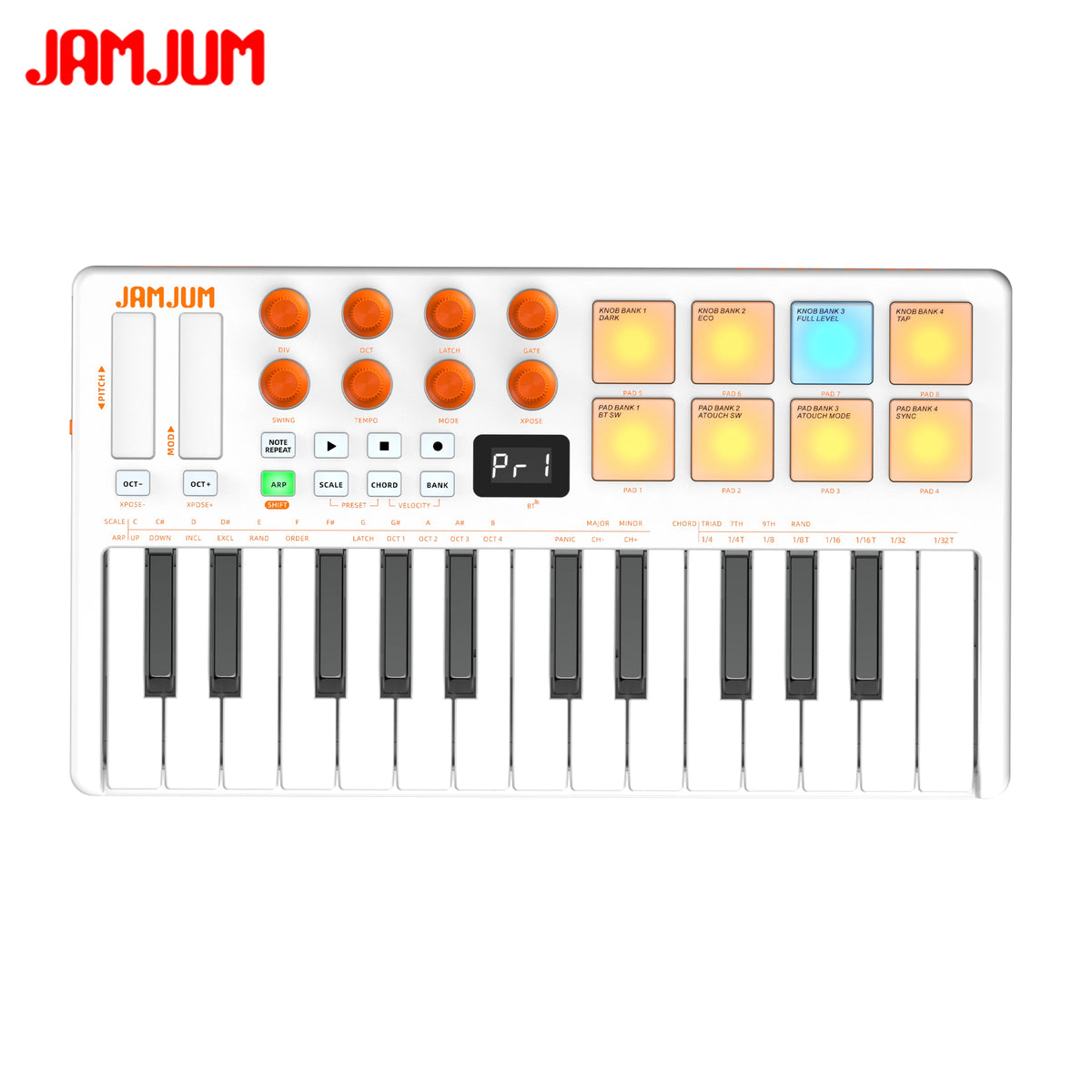 JAMJUM 25 KEY Midi Keyboard with A Wireless Midi Receiver Customized 8 RGB Backlit Pad Compact Portable Rechargeable Battery
