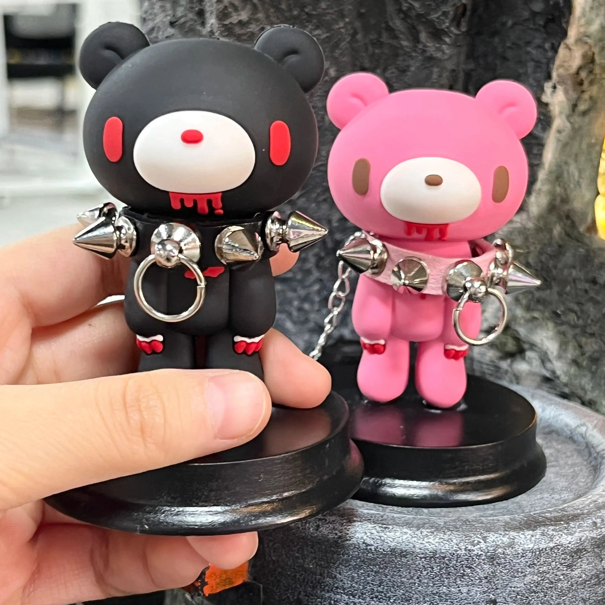 Kawaii Gloomy Bear Mori Chack Figure Goth Punk Spiked Collar Bloody Bear Statue Pink Black Desktop Decor Ornament Car Gift Y2K